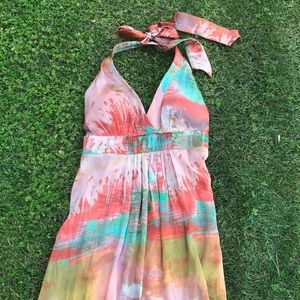 Multi colored long, silky maxi dress